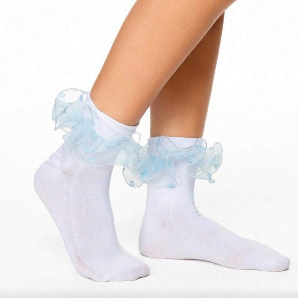 BRAND NEW! White Socks with Blue Ruffle Trim